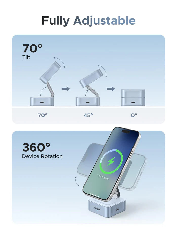 UGREEN MagFlow 2-in-1 Magnetic Wireless Charger (Qi2 25W, MagSafe-Compatible)