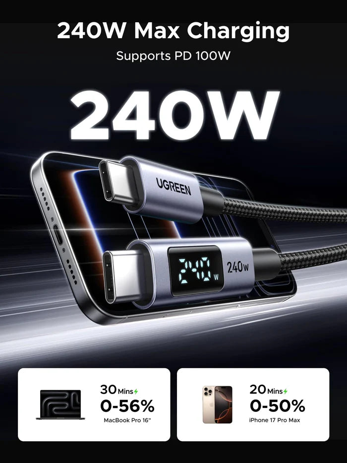 UGREEN USB-C Nylon Braided Cable (240W, Digital Display, 480Mbps)