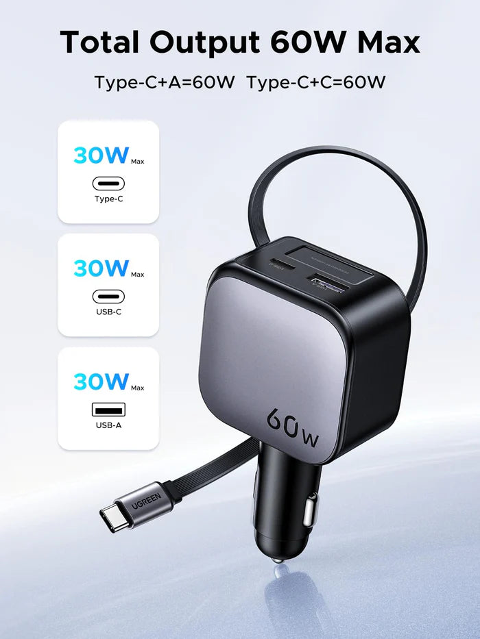 UGREEN Nexode Car Charger 60W with Retractable USB-C Cable