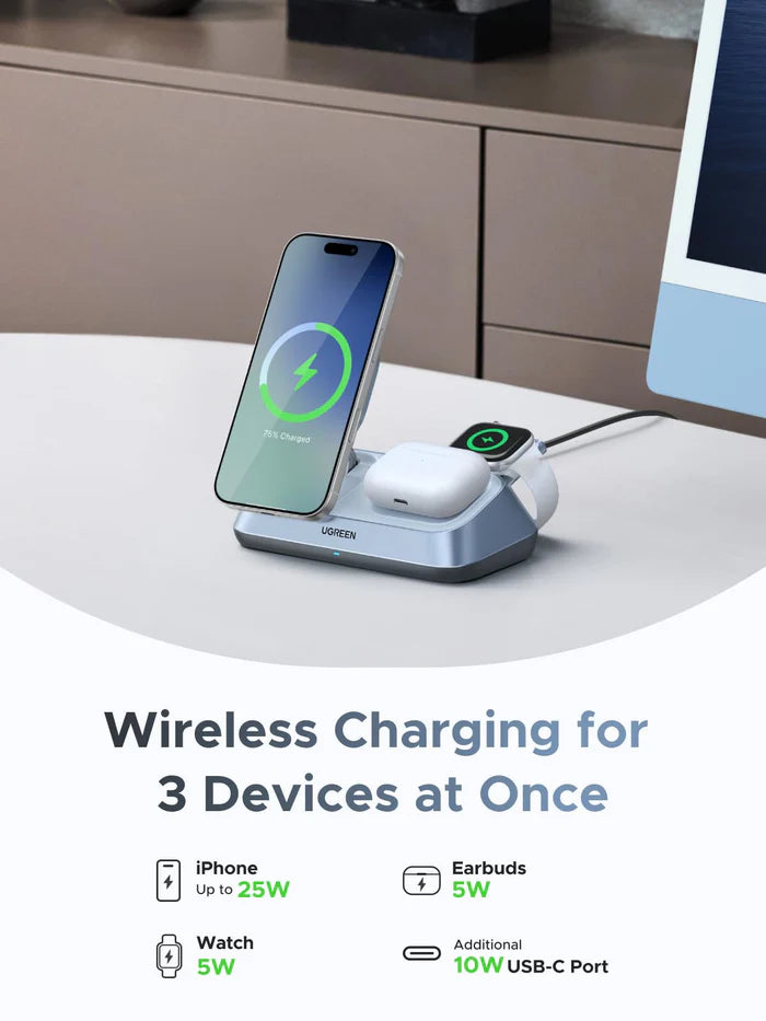 UGREEN MagFlow 3-in-1 Magnetic Wireless Charger (Qi2 25W, MagSafe-Compatible)