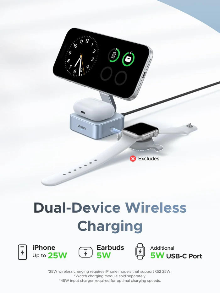 UGREEN MagFlow 2-in-1 Magnetic Wireless Charger (Qi2 25W, MagSafe-Compatible)