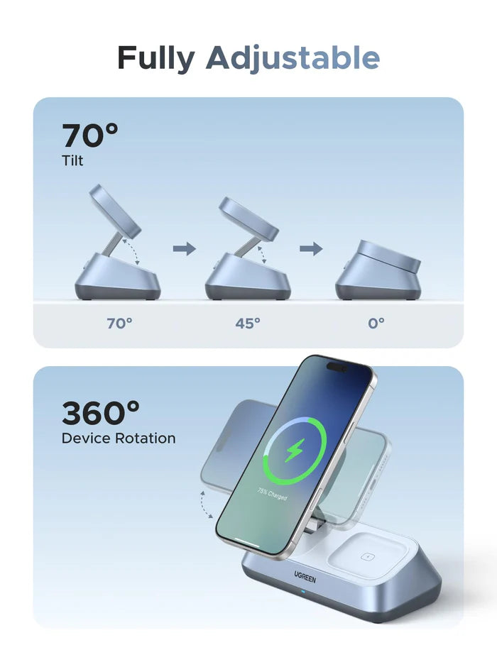 UGREEN MagFlow 3-in-1 Magnetic Wireless Charger (Qi2 25W, MagSafe-Compatible)